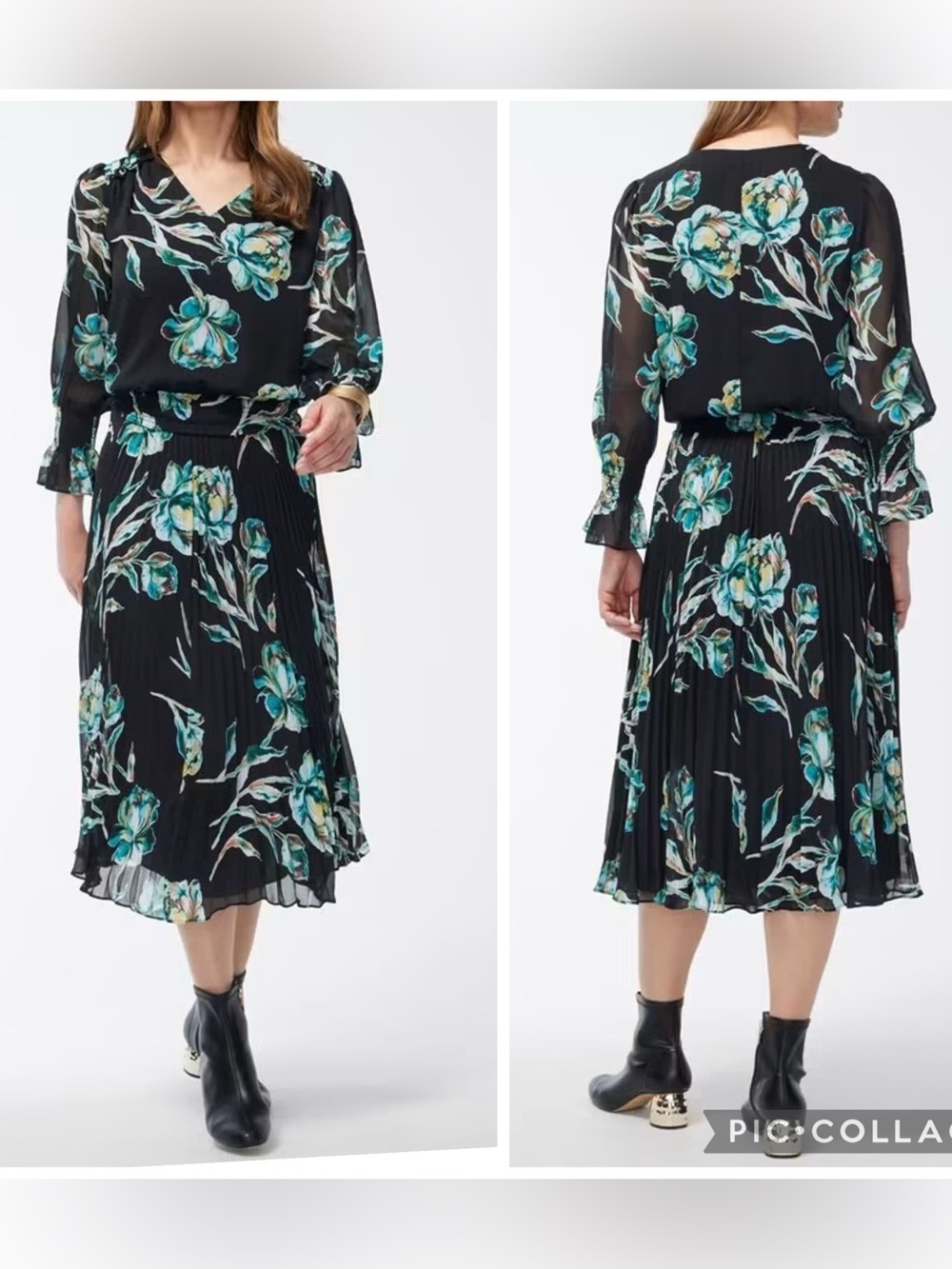 Chico’s Size 2 US 12 Black Floral Pleated Midi Dress Smocked Waist Sheer Sleeve
